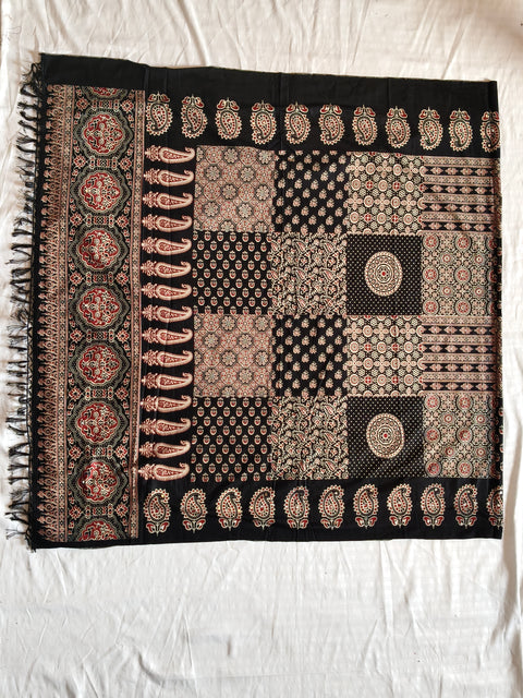 Black Ajrak patchwork dupatta flat lay