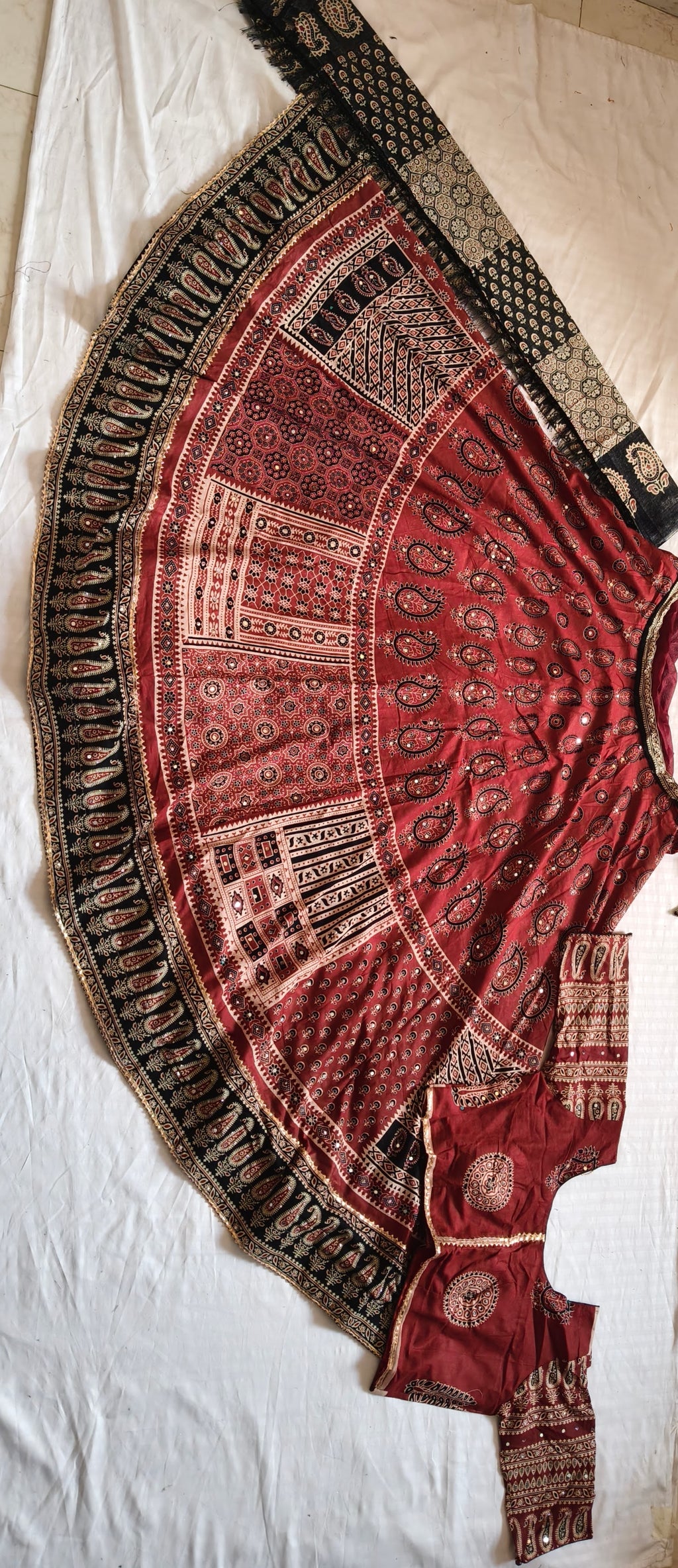 Ajrak Noor lehenga blouse and dupatta complete flat lay