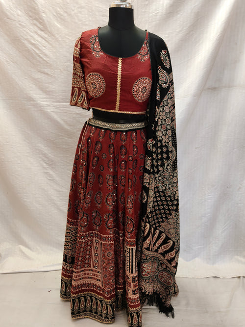 Rust red and black heritage Ajrak Chania Choli complete look