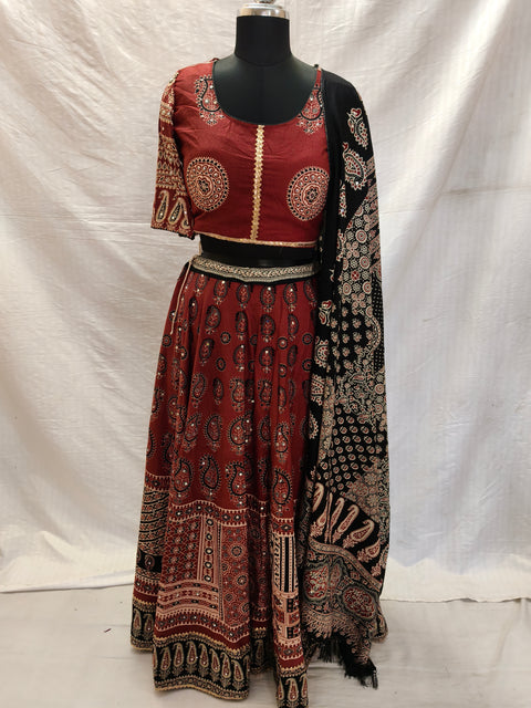 Ajrak Noor rust red and black Chania Choli full front