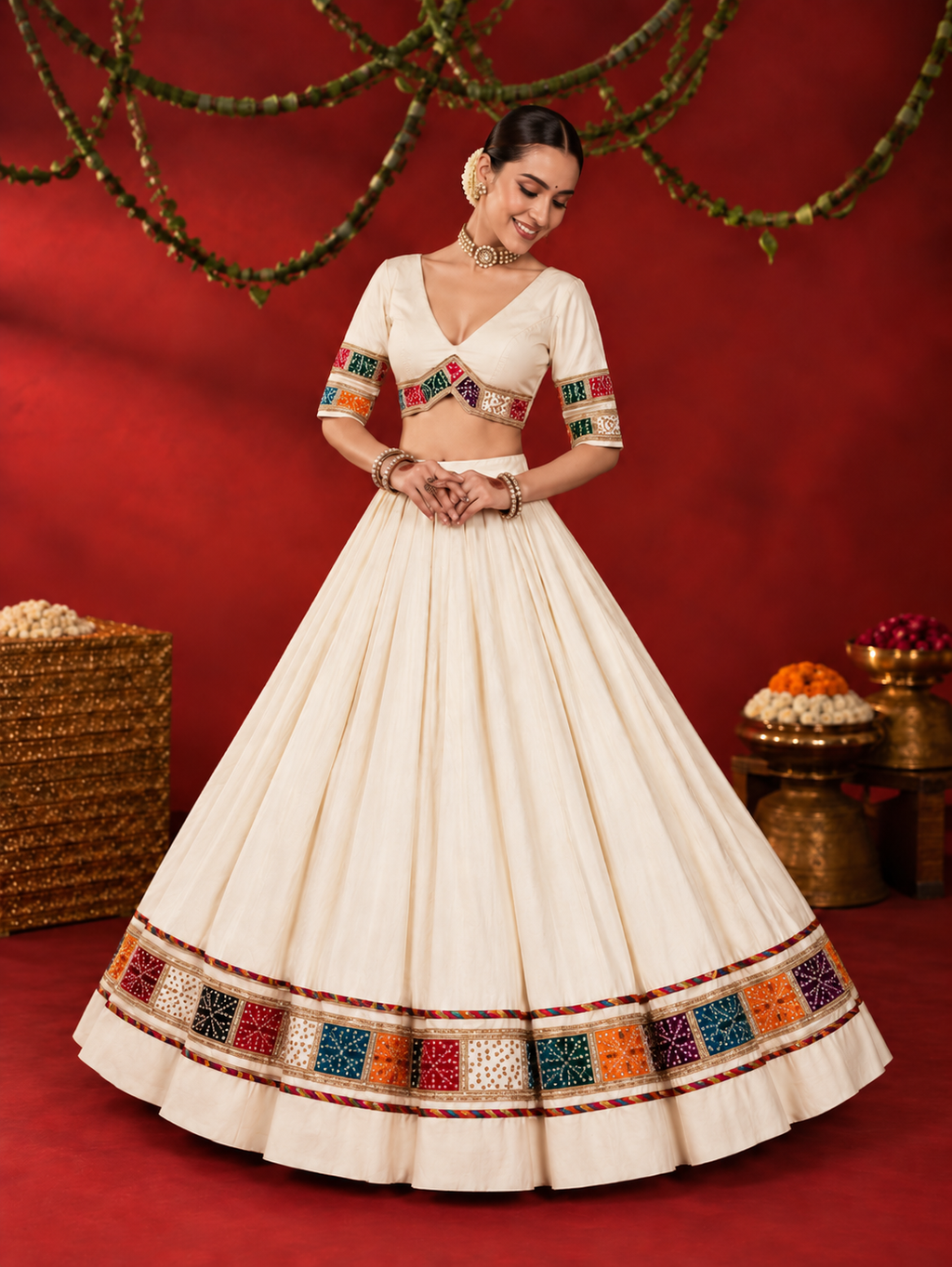 Apsara Aali ivory Bandhani strip mirror-work chania choli model view