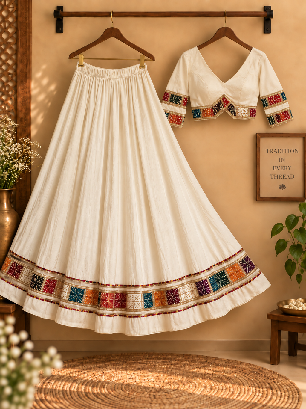 Ivory ghagara and Bandhani strip blouse product display