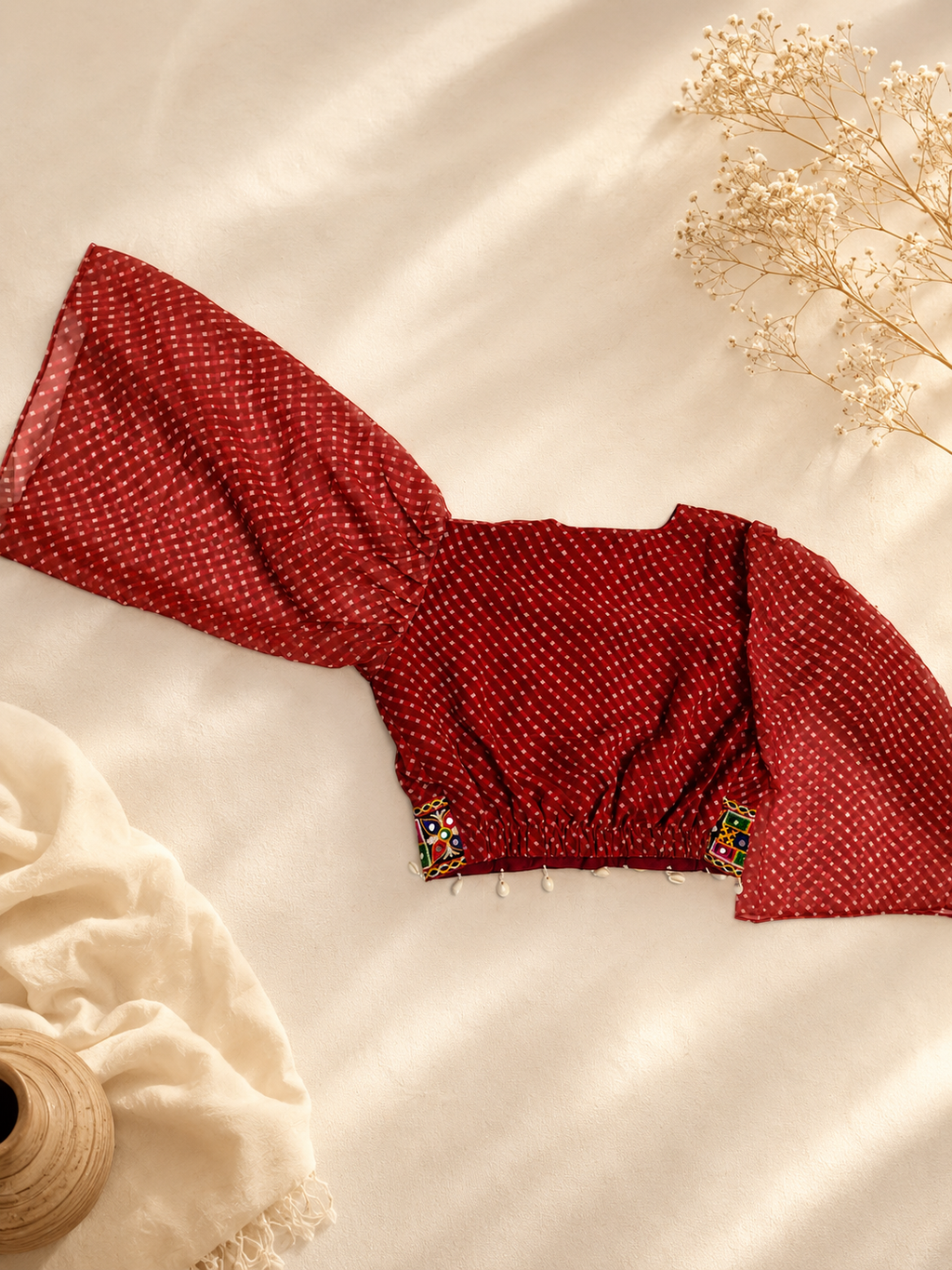 Red Bandeni Crop Top with Kutchhi Embroidered Belt
