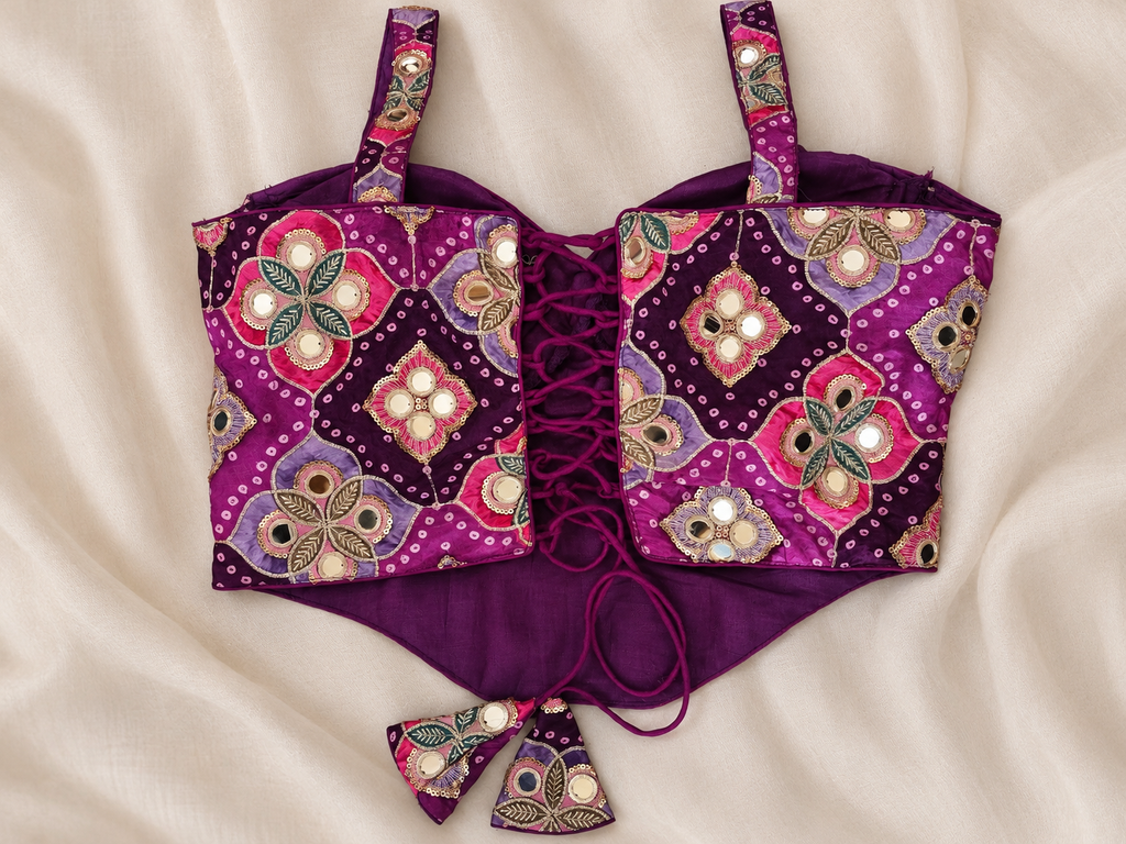 Gulabi Raas Wine Purple Ajrakh Print Mirror Work Corset Blouse