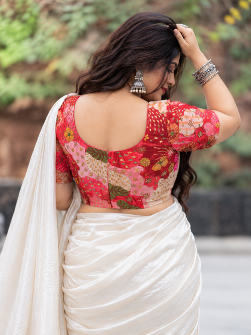 Plus Size Red & Pink Floral Embroidered Patchwork Saree Blouse for Women