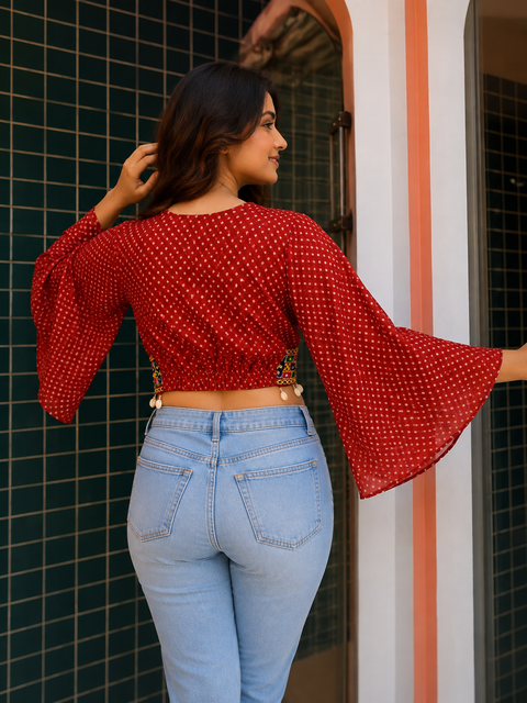 Red Bandeni Crop Top with Kutchhi Embroidered Belt