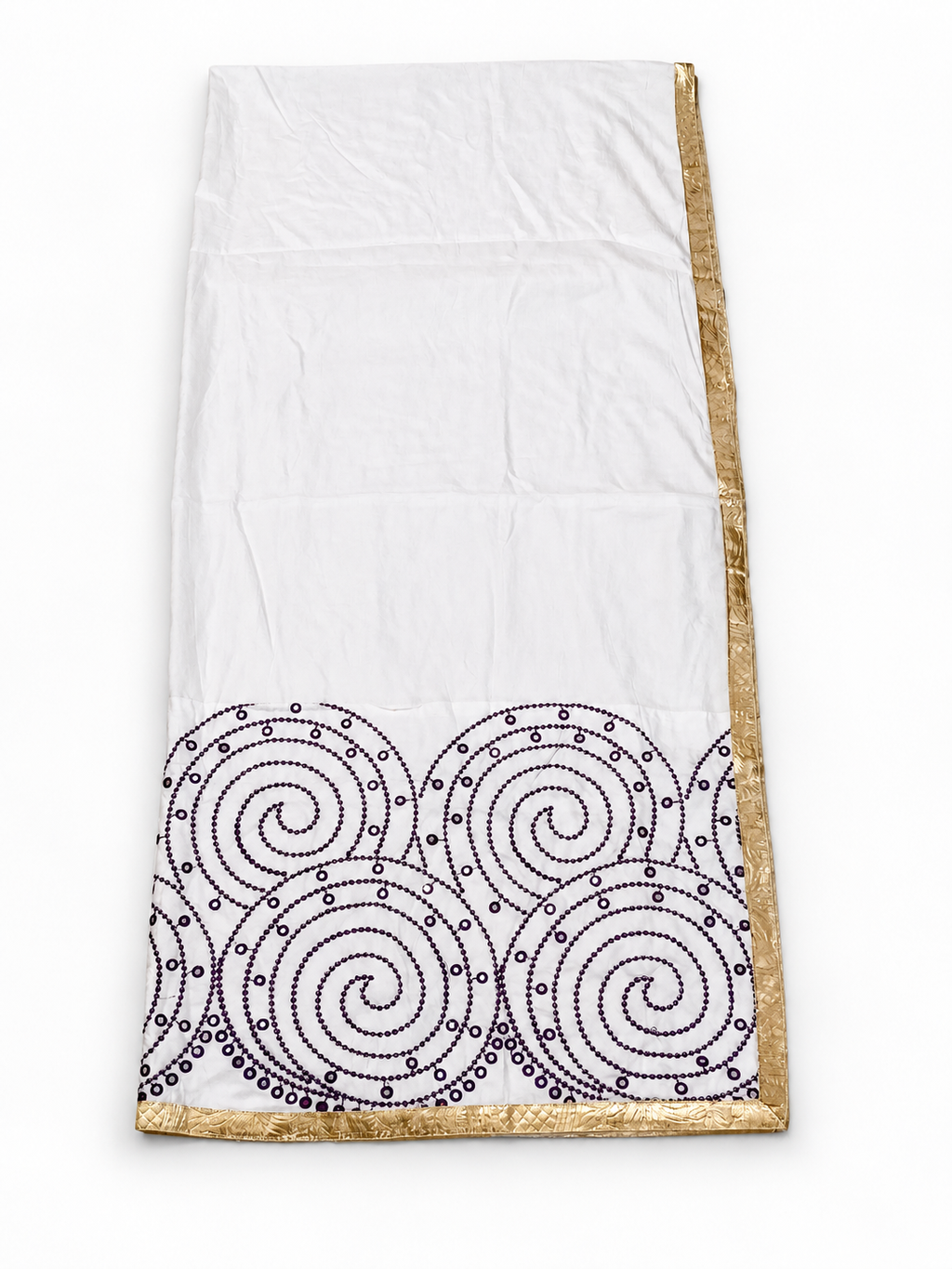White dupatta with purple spiral motifs and gold border
