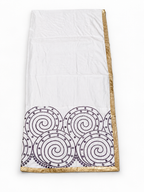 White dupatta with purple spiral motifs and gold border