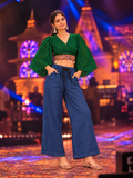 Green Bandani crop top styled with plain denim jeans