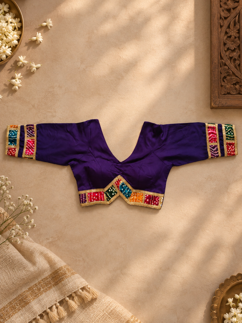 Purple Bandhani gota patti blouse front