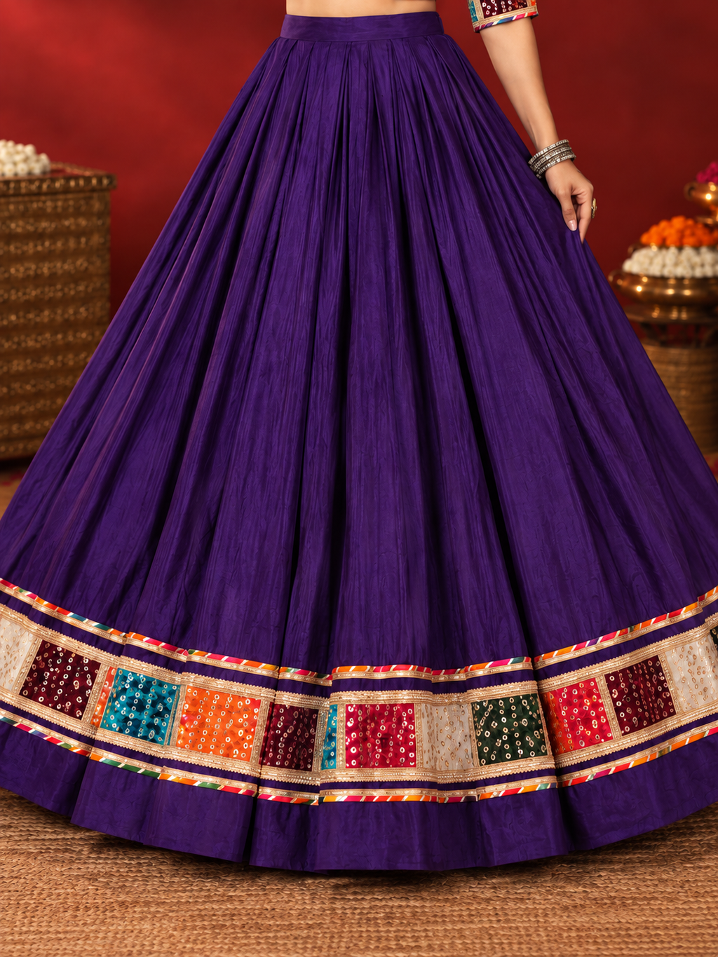 Bandhani Beat Purple chaniya choli model close-up