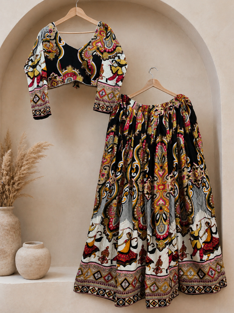 Black folk digital print chaniya choli display view