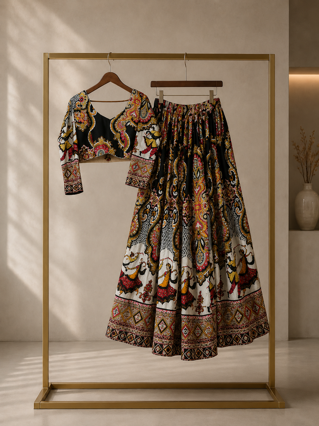 Black folk digital print chaniya choli hanging view