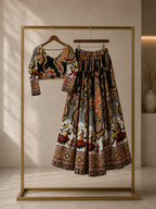 Black folk digital print chaniya choli hanging view
