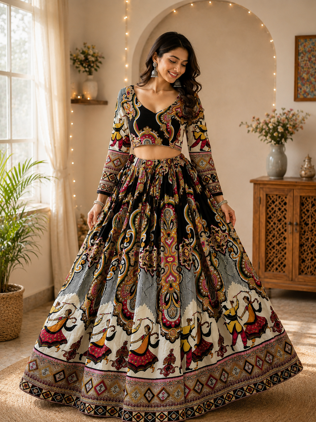 Black folk digital print chaniya choli model view