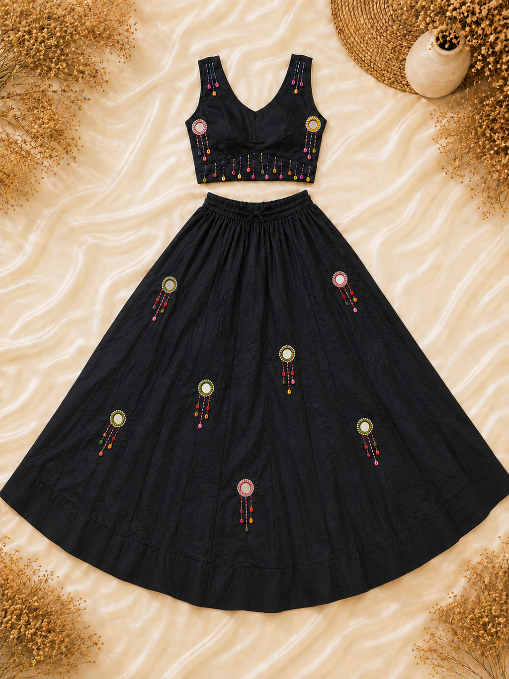 Mirror Work Black Cowrie Lehenga Choli