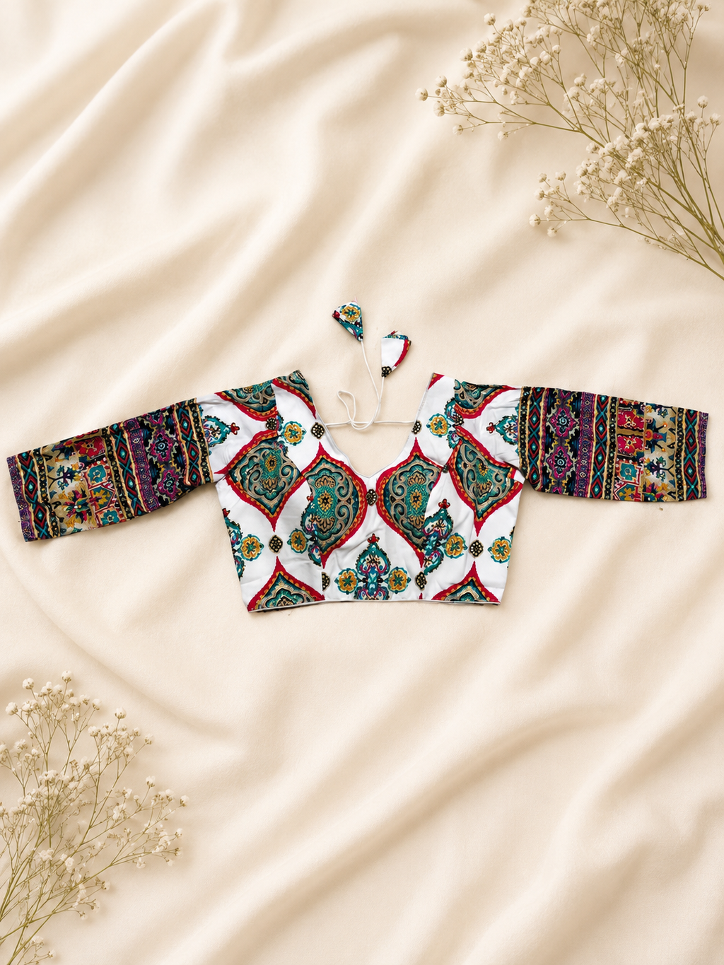 Printed blouse front and sleeves