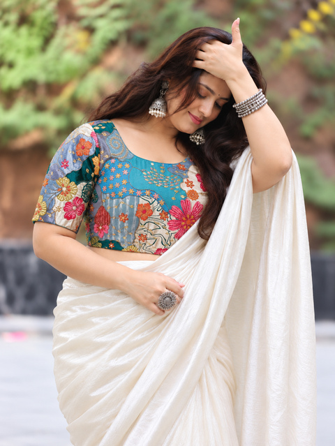Plus Size Blue & Teal Floral Embroidered Patchwork Saree Blouse for Women