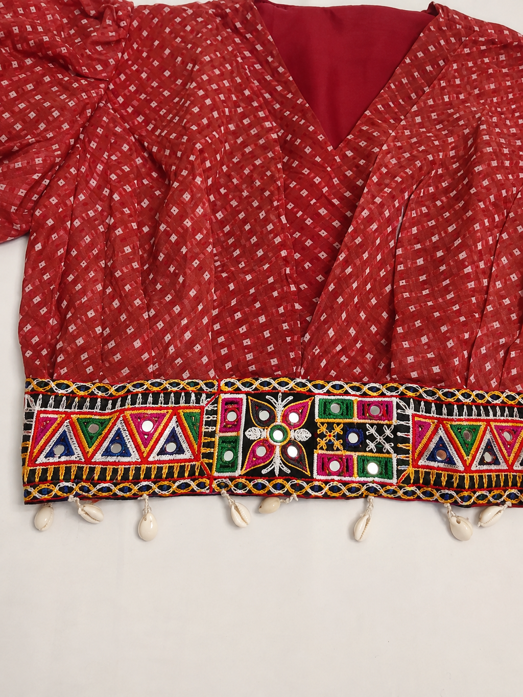 Red Bandeni Crop Top with Kutchhi Embroidered Belt