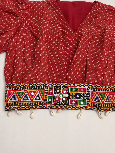 Red Bandeni Crop Top with Kutchhi Embroidered Belt