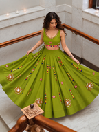 Desi Girl parrot-green bunting mirror-work chania choli model view