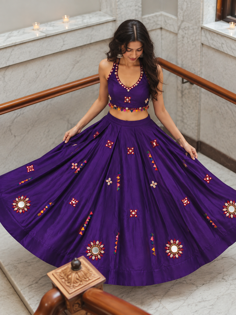 Desi Girl purple bunting mirror-work chania choli model view