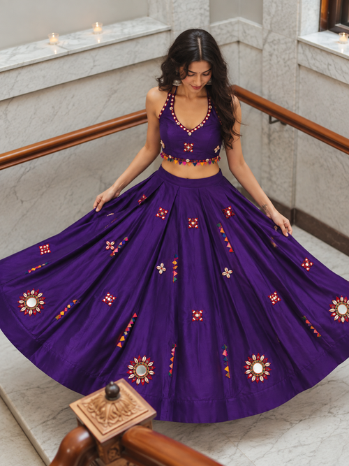 Desi Girl purple bunting mirror-work chania choli model view