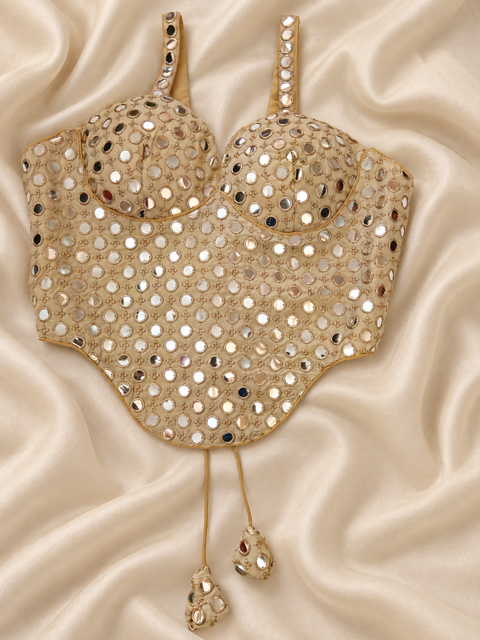Champagne mirror work corset Navratri blouse front product view
