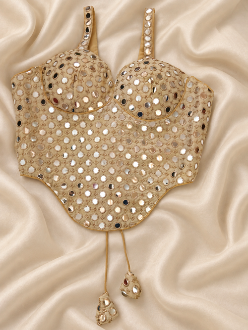 Champagne mirror work corset Navratri blouse front product view