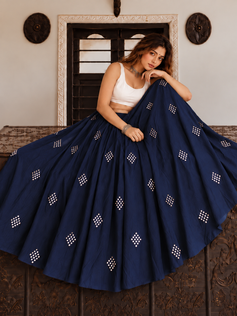 Diamond Mirror Lehenga Skirt - Navy Blue