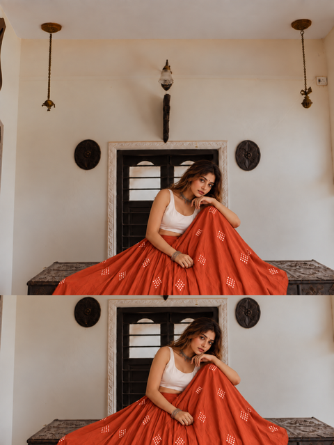 Diamond Mirror Lehenga Skirt - Orange
