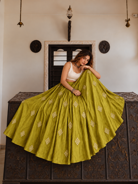 Diamond Mirror Lehenga Skirt - Parrot Green