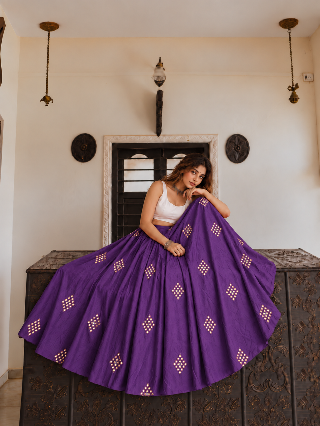 Diamond Mirror Lehenga Skirt - Purple