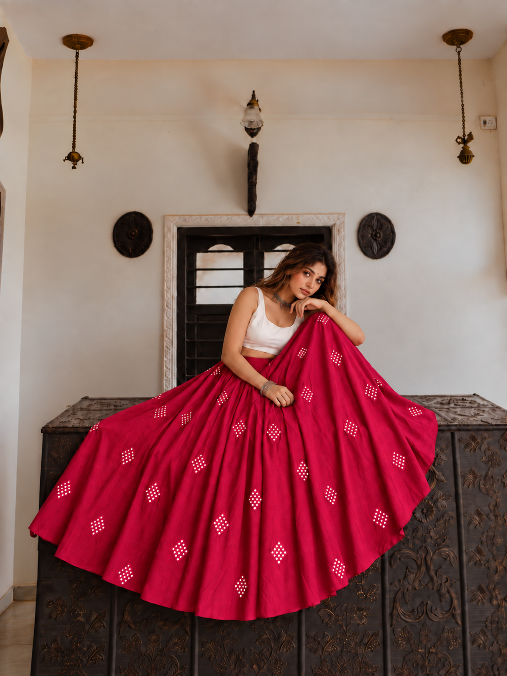 Diamond Mirror Lehenga Skirt - Rani Pink