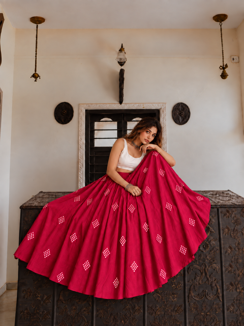 Diamond Mirror Lehenga Skirt - Rani Pink