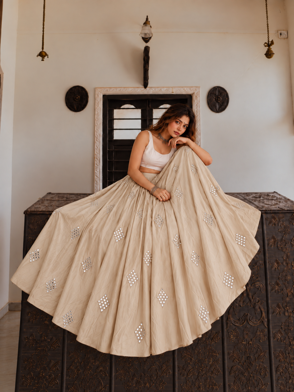 Diamond Mirror Lehenga Skirt - White