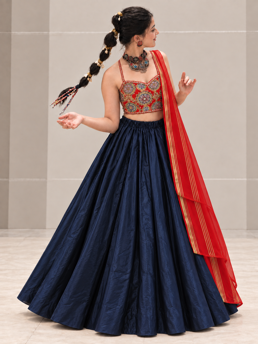 Do Dil Ek Rishta white Ajrakh patchwork Chaniya Choli model