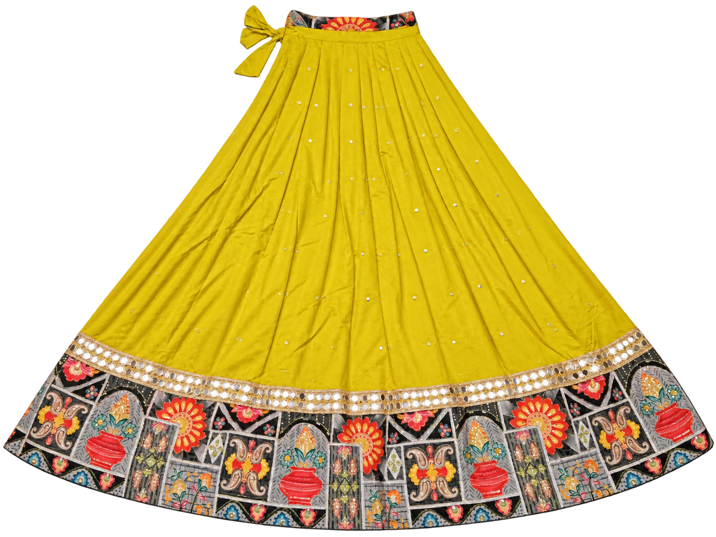 Yellow ghagara with kalash and floral print border
