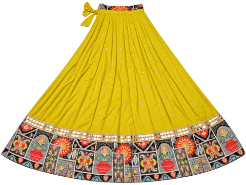 Yellow ghagara with kalash and floral print border