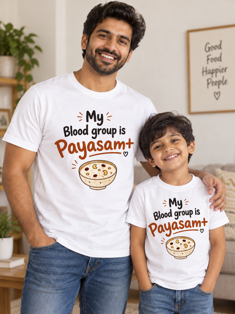Father and son wearing matching Payasam Positive T-shirts