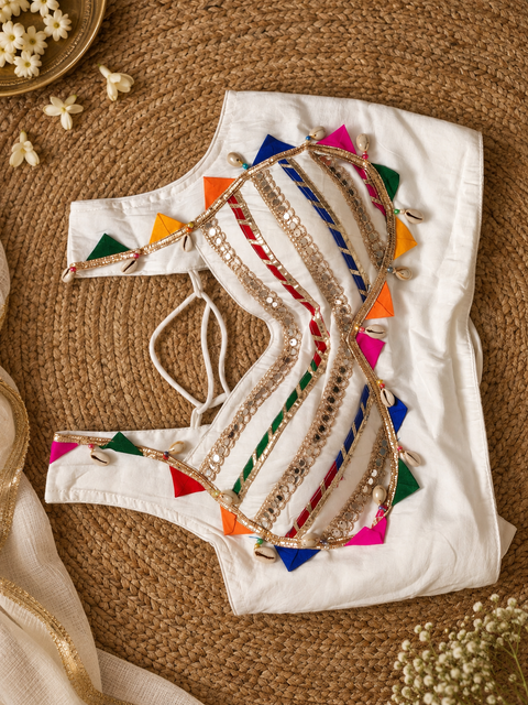White mirror-work choli front detail