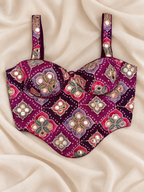 Gulabi Raas Wine Purple Ajrakh Print Mirror Work Corset Blouse