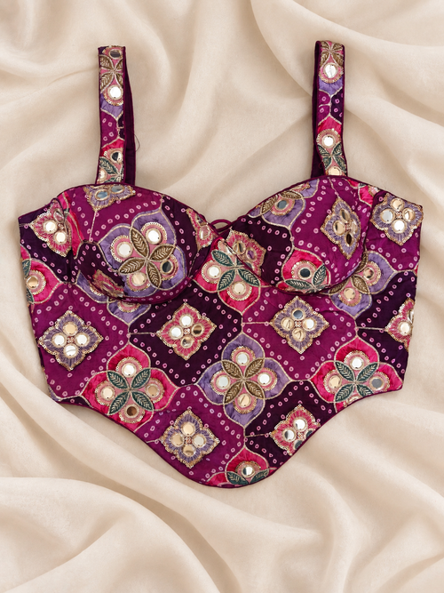 Gulabi Raas Wine Purple Ajrakh Print Mirror Work Corset Blouse
