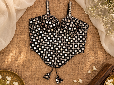 Spaghetti Corset -Ivory Italian Black Silk Blouse