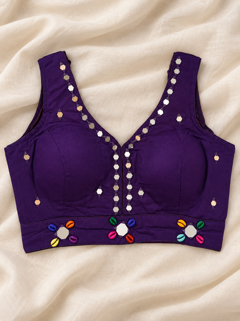 Leher Purple Mirror Work Cowrie Shell Blouse