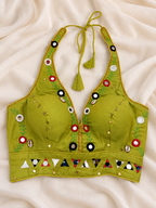 Halter Neck Olive Green Cowrie & Mirror Work Navratri Blouse