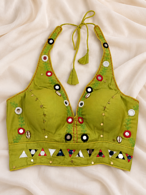 Halter Neck Olive Green Cowrie & Mirror Work Navratri Blouse