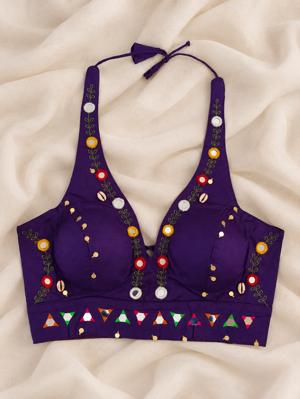 Halter Neck purple Cowrie & Mirror Work Navratri Blouse