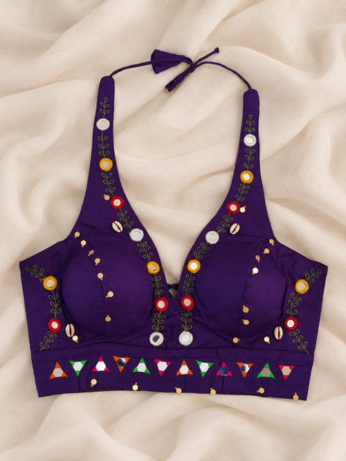 Halter Neck purple Cowrie & Mirror Work Navratri Blouse