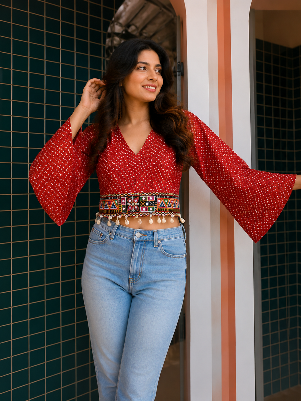 Red Bandeni Crop Top with Kutchhi Embroidered Belt